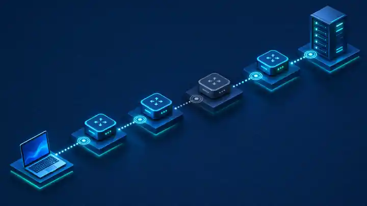 Isometric illustration of the Linux traceroute command tracing a network path from a laptop through a chain of routers to a server