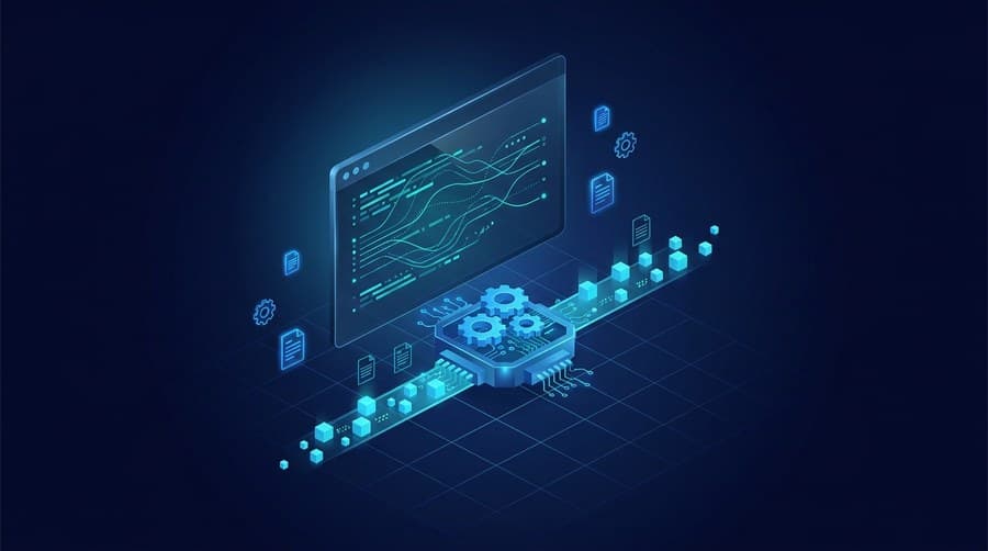 Isometric illustration of the Linux sed command processing a stream of text data