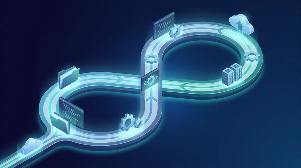 Isometric illustration of a python automation course roadmap showing a winding pathway connecting folders, gears, code editors, servers, and cloud services