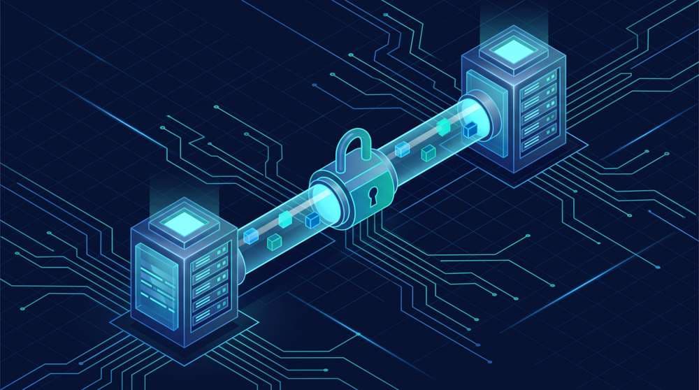 ssh tunnel - isometric diagram of an encrypted SSH tunnel with a padlock forwarding traffic between two servers