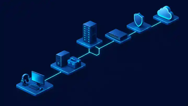 IT support career path: isometric platforms rising from a help desk workstation to server, network, security, and cloud roles