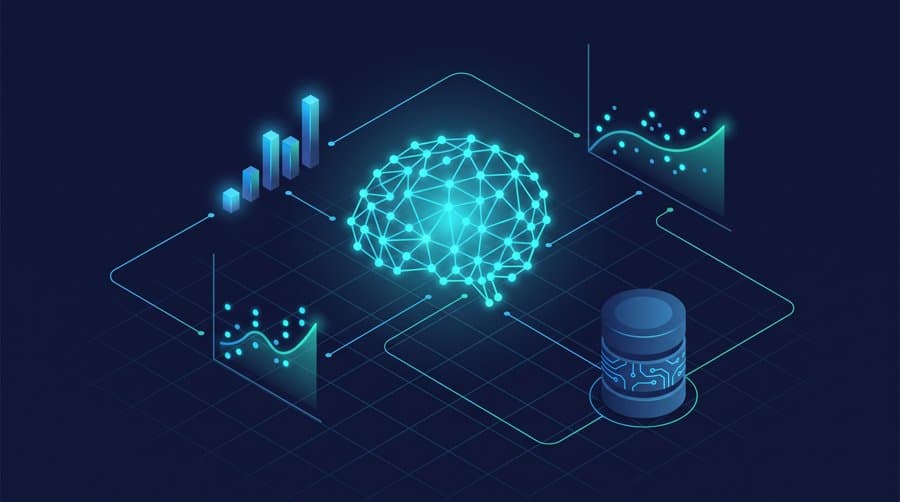 How to become a data scientist without a degree - isometric neural network, charts, and database