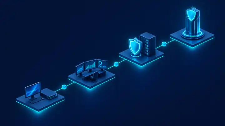 Cybersecurity career path illustrated as four rising isometric platforms from an IT workstation to a SOC desk, a shielded server, and a security tower