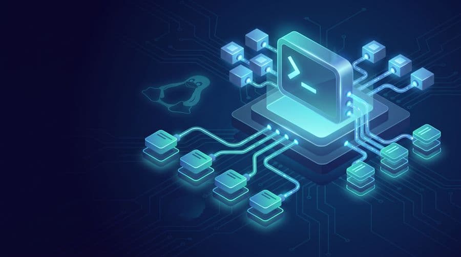 Linux environment variables - isometric terminal with key-value blocks flowing to child processes