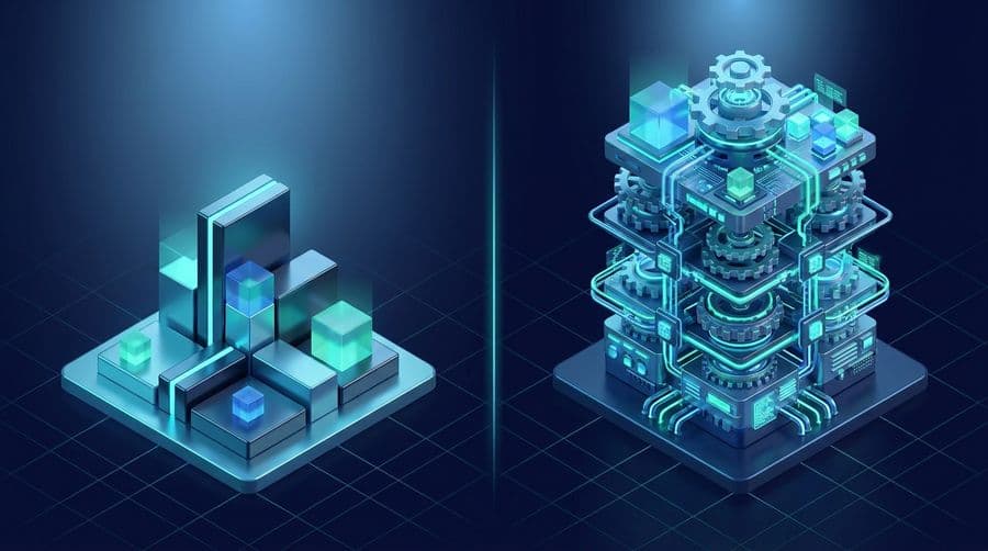 Python vs C++ comparison shown as a simple platform beside a complex machine