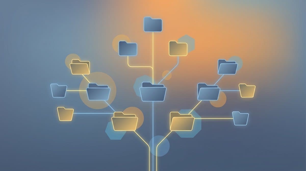 Illustration of a Python pathlib filesystem folder hierarchy with nested directories connected as a tree on a slate blue background