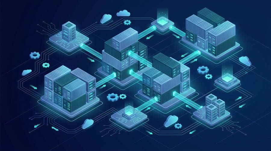 Isometric illustration representing how to become a DevOps engineer: servers, containers, and a CI/CD pipeline
