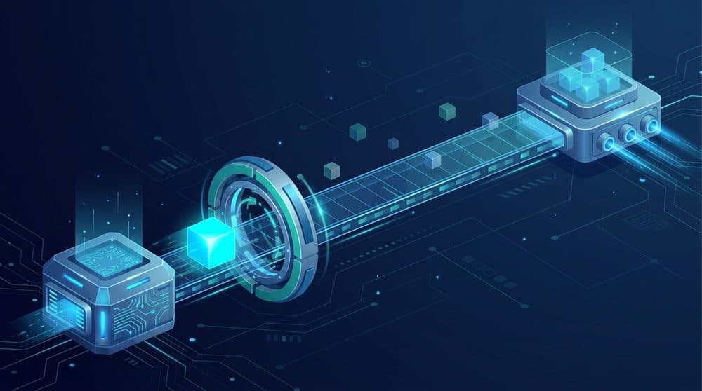 Isometric illustration of a data pipeline emitting one value at a time, representing a python generator expression evaluating lazily