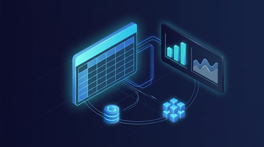 Python libraries for data analysis - isometric data table with bar and line charts, database, and array icons