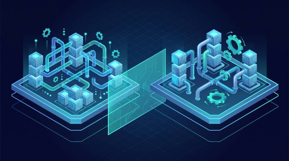Isometric illustration comparing poetry vs pip Python package managers side by side