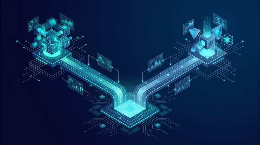 Isometric illustration of two diverging paths representing the python vs javascript decision of which language to learn first
