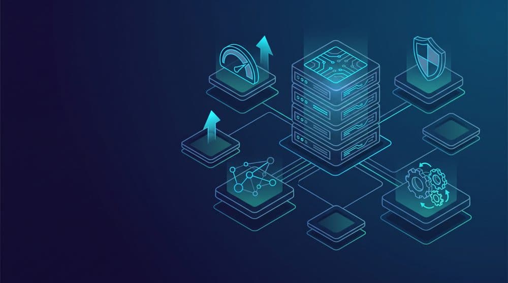 how to become an SRE - isometric diagram of a site reliability engineer's systems: server, uptime gauge, shield, network, and automation