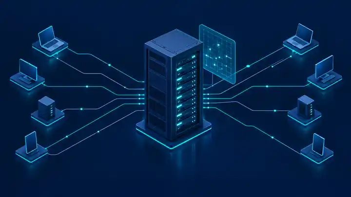 Isometric illustration of a Linux server with network connections, representing the netstat command for checking ports and connections