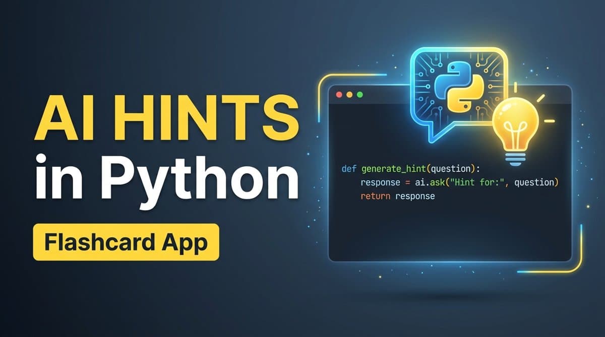AI Hints in Python flashcard app: a code editor with an AI hint speech bubble and lightbulb