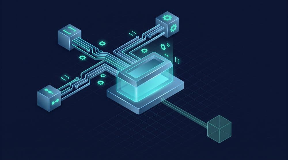 Isometric illustration of python typing Optional and Union types converging on one value