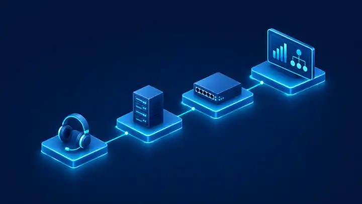 How to become an IT manager: isometric career path from help desk headset to server, network switch, and management dashboard