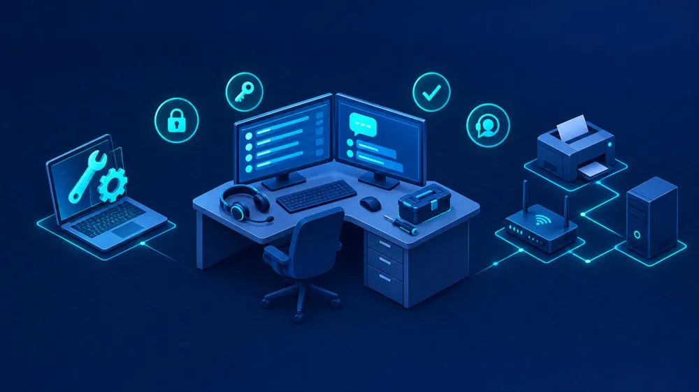 How to become a help desk technician: an IT help desk workstation with ticket queue and tools