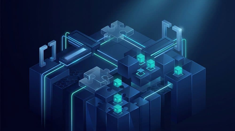Isometric illustration of Python type hints as puzzle pieces and typed blocks fitting together in dark blue