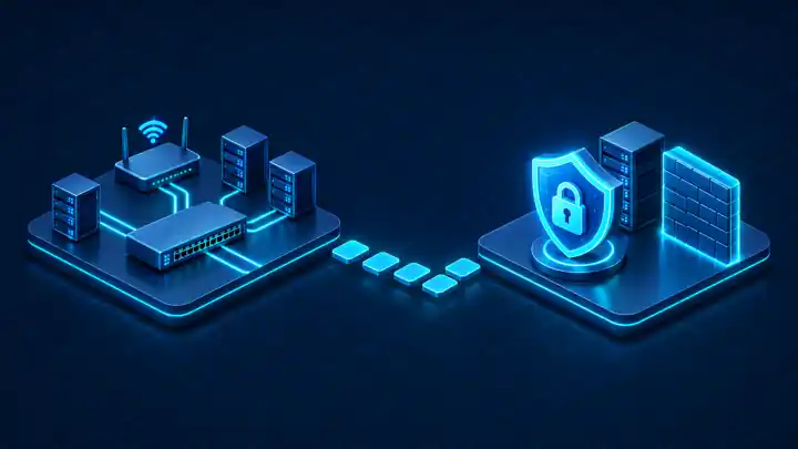 Network+ vs Security+: isometric networking platform with router and switch connected by a path to a security platform with shield, lock, and firewall