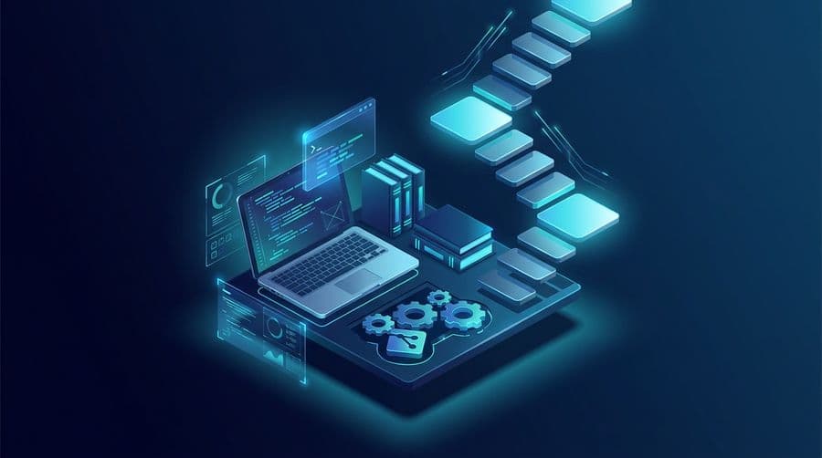 How to become a software engineer roadmap, isometric laptop with code, books, git and a rising career staircase