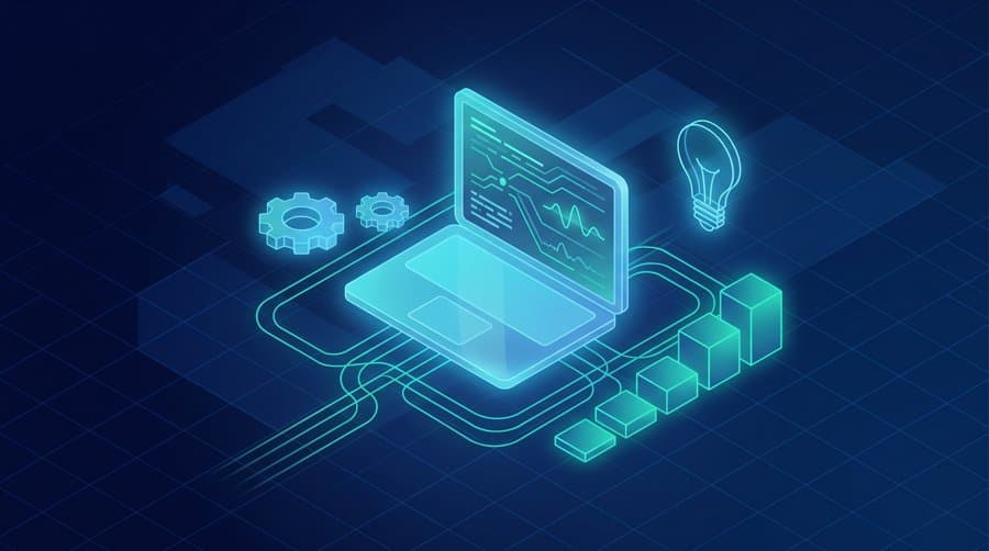 Best way to learn Python - isometric laptop with code, gears, and progress steps