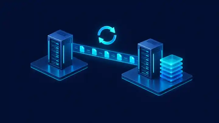 Isometric illustration of two servers syncing files for the Linux rsync command guide
