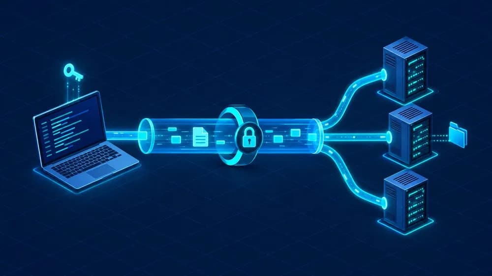 Paramiko Python SSH automation: a laptop connecting through a secure tunnel to multiple servers