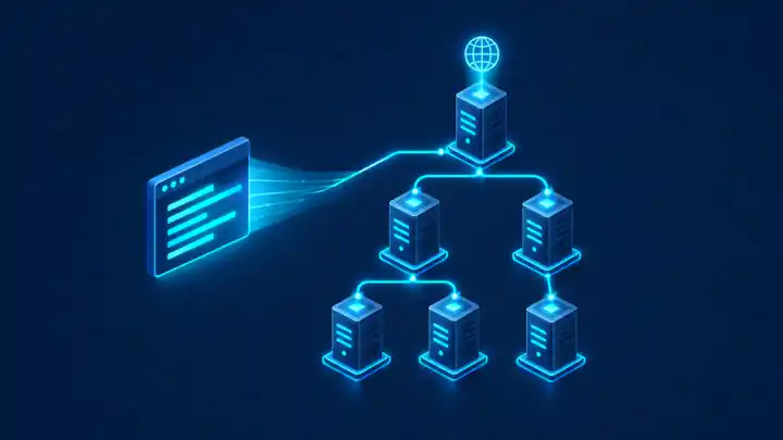 Linux dig command: isometric terminal window sending a DNS query through a hierarchy of DNS servers