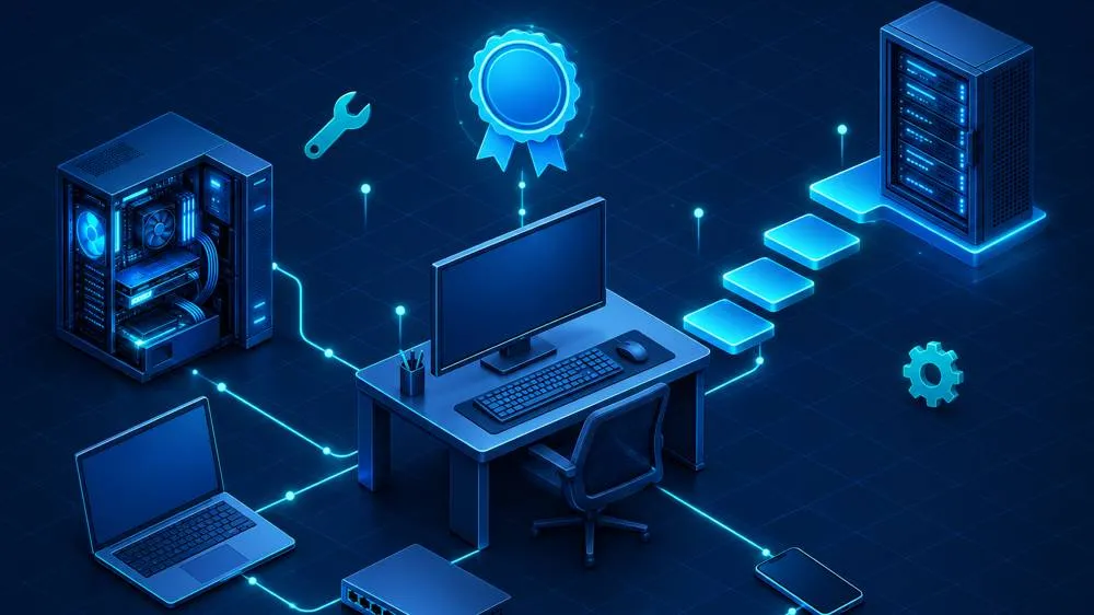 Is CompTIA A+ worth it: an IT support help desk workstation with a certification badge and a path toward server work