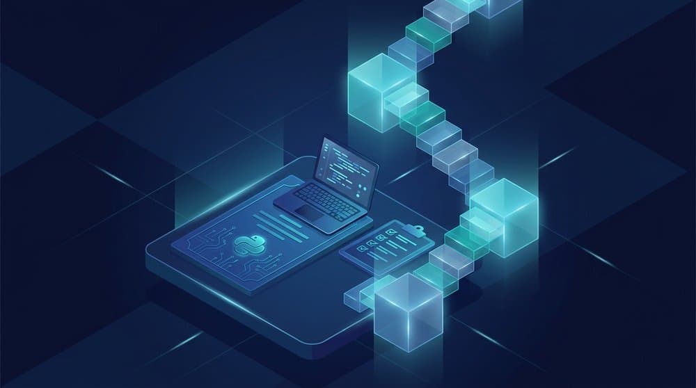 Isometric illustration exploring whether a Python certification is worth it, showing a laptop, checklist, and a rising path of glowing blocks