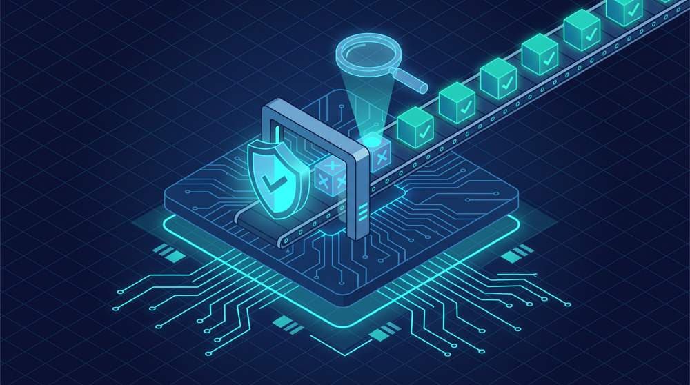 python assert statement - isometric quality gate with a checkmark shield inspecting data cubes and stopping invalid ones