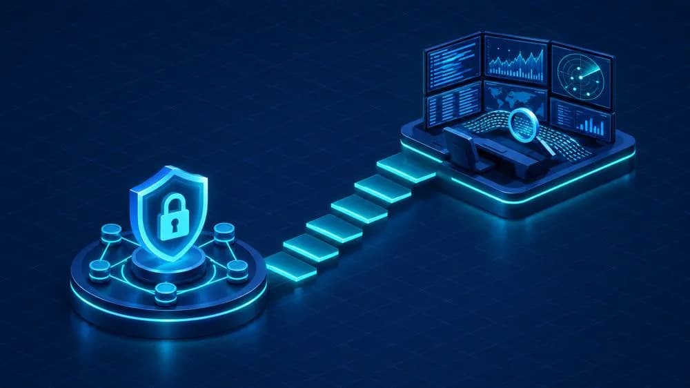 Security+ vs CySA+: a security shield platform with steps leading up to a SOC analyst console