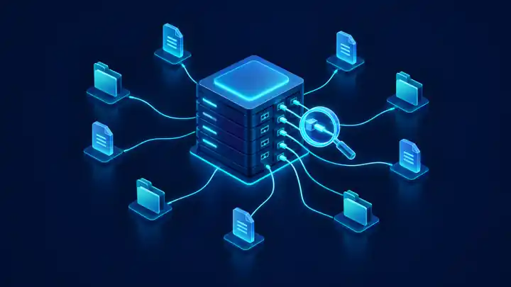 Isometric server with cables linked to files and a magnifying glass for the Linux lsof command guide