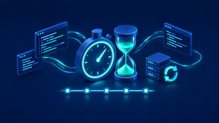 Python time module: isometric stopwatch and hourglass beside code windows and a server with a retry loop