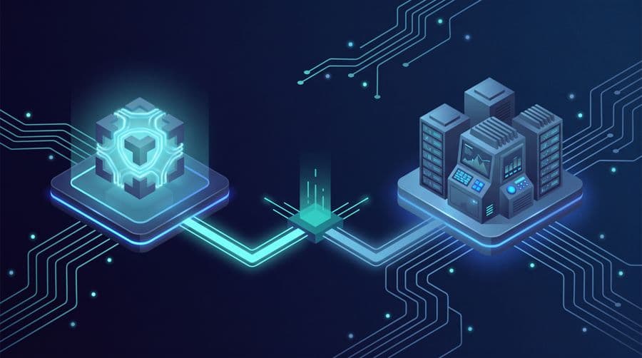 Python vs PowerShell - isometric forking path between a cyan automation cube and a server admin console