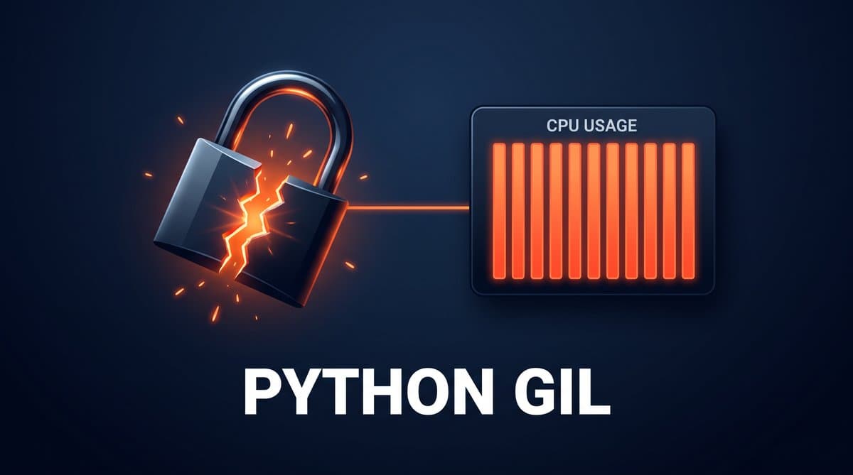 A snapped padlock connected to a CPU usage monitor with all twelve cores at 100 percent, illustrating the Python GIL being disabled