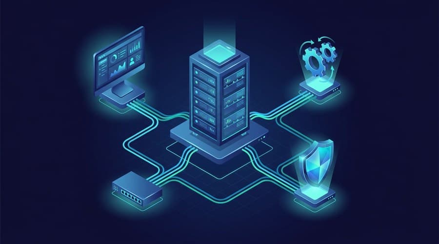 Isometric illustration of servers, network, and monitoring representing how to become a system administrator