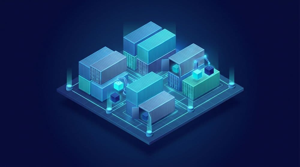 Isometric illustration of Docker containers as stacked shipping containers on a connected platform, representing a Docker tutorial