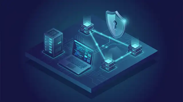 Isometric illustration of a penetration testing lab with a laptop, server rack, and connected domain machines for the OSCP certification
