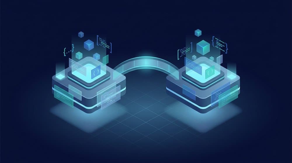 Isometric illustration comparing python vs java, two glowing code platforms connected by a bridge on a dark navy background