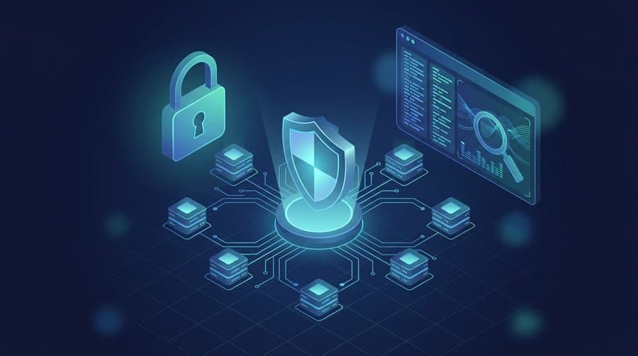 Isometric cybersecurity illustration for how to become a cybersecurity analyst: shield, padlock, server nodes, and a security dashboard