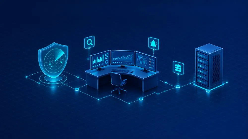 How to become a SOC analyst: security operations center desk with dashboards, shield, and server