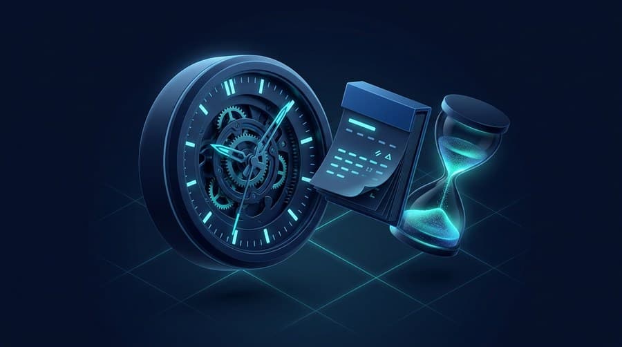 Isometric clock, calendar, and hourglass illustrating how to work with dates and times in Python datetime