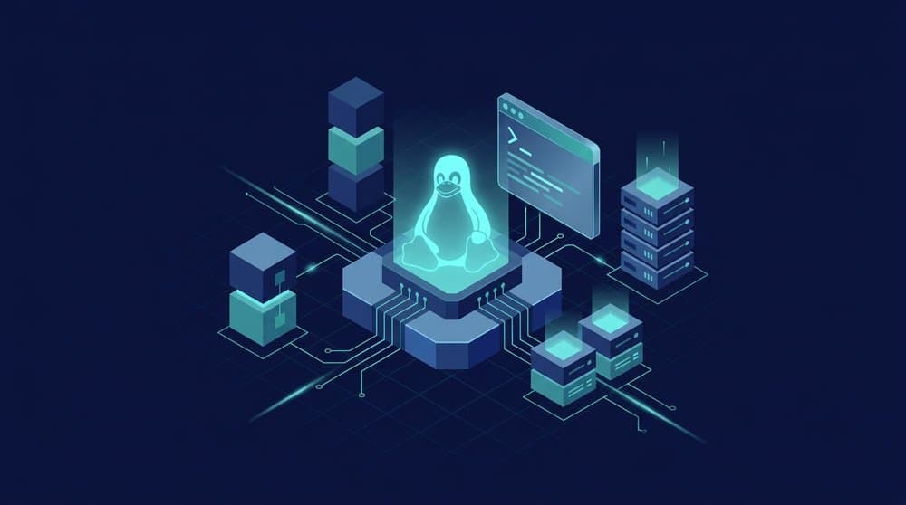 Isometric illustration of a Linux penguin, terminal, and servers representing why Linux is worth learning