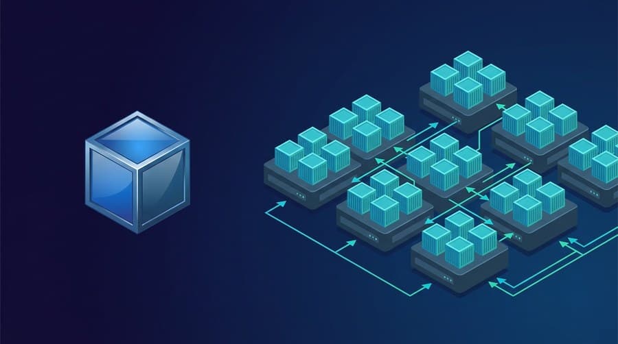 Isometric illustration showing Docker vs Kubernetes: a single container versus a cluster of orchestrated containers