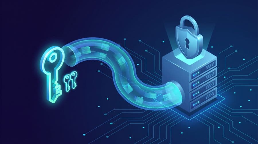 SSH key authentication - isometric glowing key connecting through an encrypted tunnel to a secured Linux server