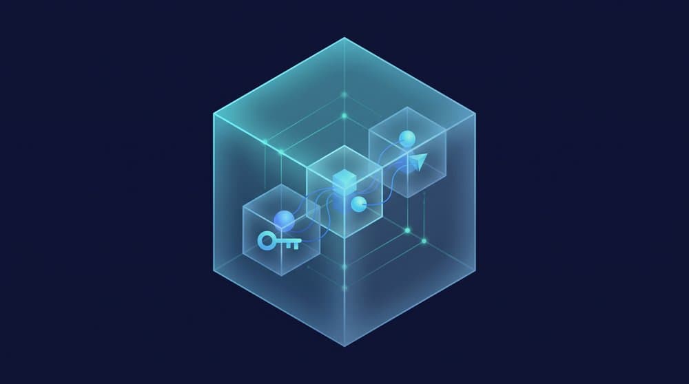 Nested Python dictionary illustrated as an isometric translucent cube containing smaller cubes with key-value nodes
