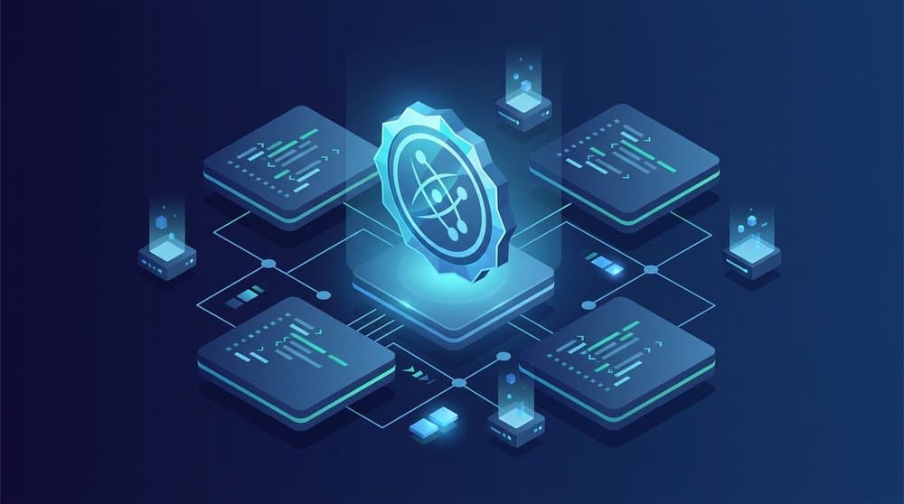 Isometric illustration of a glowing PCAP certification badge surrounded by Python code blocks representing object-oriented programming