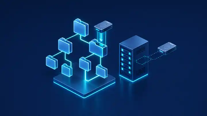 Linux mount command: isometric disk drive snapping into a glowing directory tree beside a server rack with a detached drive