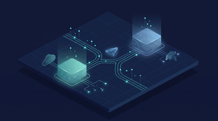 Python vs TypeScript - isometric forking path between two glowing chip platforms